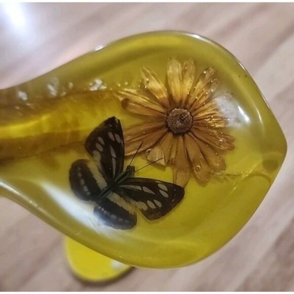 VTG MCM Lucite Acrylic Spoon Rest Trivet Set Wildflowers Butterflies Boho Retro - Picture 10 of 15